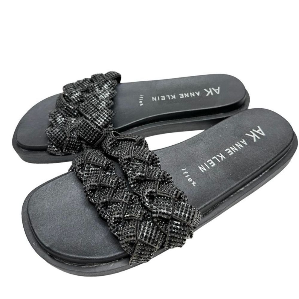 Anne Klein Sandals Women 6 Black Journi Rhinestone Embellished Flat Slides